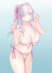Rule 34 | 1girl, absurdres, aqua background, azur lane, bare shoulders, between legs, bikini, blush, bow, bow bikini, breasts, cleavage, clenched hands, closed mouth, collarbone, gradient background, hair ornament, hair ribbon, highres, huge breasts, large breasts, long hair, looking at viewer, navel, pink bow, pink ribbon, plymouth (azur lane), plymouth (heart-throbbing refreshment) (azur lane), purple eyes, purple hair, ribbon, side-tie bikini bottom, smile, solo, standing, star (symbol), star hair ornament, stomach, swimsuit, tail, tail between legs, thighs, tnr (horiko1525), twintails, white bikini