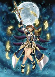 Rule 34 | 1girl, absurdres, bad id, bad pixiv id, black skirt, blue eyes, blush, book, brown hair, feathers, floating, floating hair, garimpeiro, hair ornament, hairclip, highres, holding, holding book, holding staff, jacket, looking at viewer, lyrical nanoha, magical girl, mahou shoujo lyrical nanoha, moon, open mouth, paper, schwertkreuz, short hair, skirt, smile, solo, staff, tome of the night sky, white jacket, yagami hayate