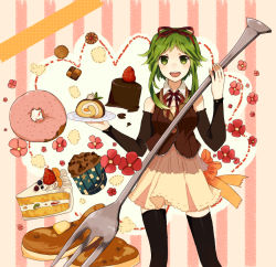 Rule 34 | 1girl, bow, cake, cake slice, checkerboard cookie, cookie, doughnut, food, fork, fruit, green eyes, green hair, gumi, hair bow, holding, holding fork, matching hair/eyes, oversized object, pancake, short hair, skirt, smile, solo, strawberry, swiss roll, thighhighs, tomoyami, vocaloid, zettai ryouiki