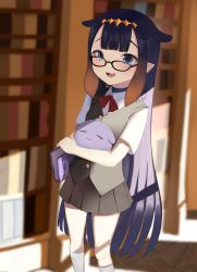 Rule 34 | 1girl, :3, :d, = =, absurdres, aged down, alternate costume, bespectacled, black-framed eyewear, black vest, blue eyes, blunt bangs, blurry, blurry background, blush, book, bookshelf, bow, brown skirt, commentary, english commentary, fang, glasses, gradient hair, grimoire, highres, holding, holding book, hololive, hololive english, indoors, long hair, multicolored hair, ninomae ina&#039;nis, open mouth, orange hair, pleated skirt, pointy ears, purple hair, red bow, school uniform, shirt, short sleeves, shuwe001, sidelocks, skirt, smile, socks, sunlight, takodachi (ninomae ina&#039;nis), tentacle hair, tentacles, uniform, very long hair, vest, virtual youtuber, white shirt, white socks, wing collar