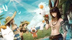 Rule 34 | 1boy, 2girls, animal ears, arm tattoo, belt, bikini, bird, black bikini, black hair, black headwear, black shorts, blue bikini, blue eyes, bow, bowtie, bracelet, cloud, cloudy sky, coconut cup, crystal, cup, dappled sunlight, drinking straw, eyewear on head, final fantasy, final fantasy xiv, flower in drink, foliage, gloves, hat, highres, holding, holding cup, island, jewelry, looking at another, looking at viewer, miqo&#039;te, moogle, multiple girls, multiple necklaces, nail polish, one eye closed, partially fingerless gloves, pointy ears, ponytail, rabbit ears, red bow, red bowtie, red eyes, robot, shorts, signature, sky, smile, straw hat, sunglasses, sunlight, swimsuit, tattoo, teaka, tongue, tongue out, topless male, viera