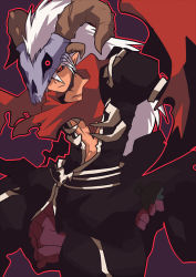 Rule 34 | 1boy, armor, assassin cross (ragnarok online), black cape, black sclera, black shirt, cape, closed mouth, colored sclera, commentary request, emon-yu, feet out of frame, hair between eyes, horns, long hair, monster boy, open clothes, open shirt, outline, pauldrons, purple background, ragnarok online, red eyes, red outline, red scarf, scarf, shirt, shoulder armor, simple background, skull, skull on head, solo, taur, torn cape, torn clothes, torn scarf, waist cape, white hair