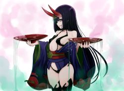 Rule 34 | 1girl, alternate hair length, alternate hairstyle, b.d, breasts, cowboy shot, cup, eyeliner, fate/grand order, fate (series), graphite (medium), headpiece, horns, japanese clothes, kimono, long hair, makeup, oni, open clothes, open kimono, purple eyes, purple hair, purple kimono, revealing clothes, sakazuki, short eyebrows, shuten douji (fate), skin-covered horns, small breasts, solo, traditional media, very long hair