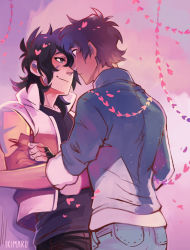 Rule 34 | 2boys, artist name, black gloves, black hair, blush, brown hair, couple, eye contact, facial scar, fingerless gloves, flower, gloves, heart, highres, ikimaru, imminent kiss, keith (voltron), lance (voltron), looking at another, multiple boys, scar, scar on cheek, scar on face, smile, tagme, voltron: legendary defender, voltron (series), watermark, yaoi