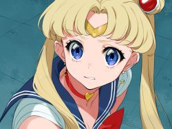 Rule 34 | 1girl, absurdres, bishoujo senshi sailor moon, blonde hair, blue background, blue eyes, blue sailor collar, breasts, choker, cleavage, collarbone, commentary request, crescent, crescent earrings, derivative work, double bun, earrings, from side, hair bun, heart, highres, jewelry, long hair, magical girl, meme, parted lips, red choker, sailor collar, sailor moon, sailor moon redraw challenge (meme), sailor senshi, sailor senshi uniform, screenshot redraw, short sleeves, solo, tiara, tsukino usagi, twintails, upper body, yuu (higashi no penguin)