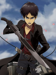 Rule 34 | 1boy, absurdres, belt, black coat, black gloves, black hair, black pants, cloud, coat, commentary, cowboy shot, eren yeager, furrowed brow, gloves, green eyes, hair strand, highres, holding, holding sword, holding weapon, looking at viewer, male focus, micaoz, official style, open clothes, open coat, open mouth, pants, red shirt, shingeki no kyojin, shirt, shouting, sky, solo, sword, thigh strap, three-dimensional maneuver gear, trench coat, weapon