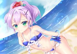 Rule 34 | 1girl, azur lane, bare shoulders, beach, bikini, blue bikini, blue flower, blue sky, breasts, cleavage, closed mouth, cloud, cloudy sky, collarbone, commentary request, covered erect nipples, day, fingernails, flower, green eyes, groin, hair between eyes, hair flower, hair ornament, halterneck, hand on own ass, hiyada yuu, horizon, index finger raised, javelin (azur lane), javelin (beach picnic!) (azur lane), leaning forward, light smile, navel, ocean, outdoors, ponytail, purple hair, red flower, revision, sand, sky, small breasts, solo, swimsuit, thighs, water