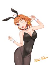Rule 34 | 1girl, animal ears, bare shoulders, black leotard, black pantyhose, bow, bowtie, braid, breasts, character name, cleavage, detached collar, fake animal ears, hair ornament, hairclip, highres, kuro ikusanin, leotard, love live!, love live! sunshine!!, medium breasts, one eye closed, open mouth, orange hair, pantyhose, playboy bunny, rabbit ears, red eyes, short hair, side braid, simple background, smile, strapless, strapless leotard, takami chika, white background, wrist cuffs, yellow bow