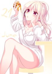 Rule 34 | 1girl, bad id, bad twitter id, breasts, cleavage, eating, food, hand on own cheek, hand on own face, haruka natsuki, june, long hair, original, pizza, purple eyes, simple background, sitting, solo, white hair