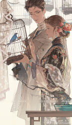 1boy 1girl absurdres ajiu_nine_ajiu bird bird_request birdcage bishounen black_dress black_gloves blue_bird blue_eyes bonsai bracelet braid braided_bun brown_eyes brown_hair buttons cage chinese_clothes chinese_commentary chinese_text coat cowboy_shot dress dress_shirt earrings fingernails floral_print_dress flower glasses gloves hair_bun hair_flower hair_ornament highres jewelry lapel_pin lapels long_fingernails mandarin_collar necktie notched_lapels original plant potted_plant profile qing_dynasty round_eyewear shirt short_hair translation_request trench_coat weibo_watermark wide_sleeves