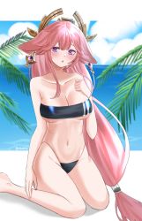 Rule 34 | 1girl, animal ears, bare arms, bare legs, bare shoulders, blue sky, blush, breasts, cleavage, commentary, covered navel, day, foot out of frame, fox ears, genshin impact, gris swimsuit, groin, hand up, head tilt, highres, large breasts, long hair, looking at viewer, low-tied long hair, meme attire, ocean, one-piece swimsuit, outdoors, parted lips, pink hair, purple eyes, sitting, sky, solo, strapless, strapless one-piece swimsuit, swimsuit, thighs, very long hair, wariza, water, yae miko, yui lumina (artist)