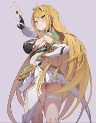 Rule 34 | 1girl, ass, back, bare legs, bare shoulders, blonde hair, blush, breasts, cowboy shot, dress, earrings, elbow gloves, envelope, female focus, from behind, gloves, gluteal fold, grey background, headpiece, jewelry, large breasts, legs, long hair, looking back, matching hair/eyes, mythra (xenoblade), nintendo, seinen, short dress, sideboob, smash invitation, smile, super smash bros., swept bangs, thigh strap, tiara, upskirt, very long hair, white dress, white gloves, xenoblade chronicles (series), xenoblade chronicles 2, yellow eyes