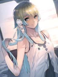 Rule 34 | 1girl, armpit crease, blonde hair, blue eyes, blue hair, blurry, blurry background, breasts, camisole, collarbone, commentary request, contemporary, dusk, fire emblem, fire emblem heroes, fjorm (fire emblem), flower, gradient hair, hair flower, hair ornament, light blue hair, long hair, looking at viewer, maeshima shigeki, multicolored hair, nintendo, shadow, sidelocks, small breasts, smile, solo, tile floor, tiles, very long hair, white camisole, window