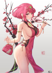 Rule 34 | 1girl, absurdres, armlet, armpit crease, bag, bare shoulders, branch, breasts, china dress, chinese clothes, circlet, cleavage, cleavage cutout, closed mouth, clothing cutout, collarbone, covered erect nipples, covered navel, dress, earrings, gradient background, hand fan, hand up, handbag, hat, highres, holding, jewelry, ken-san, large breasts, looking at viewer, no bra, no panties, paper fan, peaked cap, pelvic curtain, pyra (xenoblade), red dress, red eyes, red hair, short hair, sideboob, sidelocks, sleeveless, sleeveless dress, smile, solo, standing, swept bangs, tassel, thighs, white background, xenoblade chronicles (series), xenoblade chronicles 2