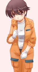 Rule 34 | 10s, 1girl, brown eyes, brown hair, closed mouth, commentary, cowboy shot, girls und panzer, gloves, head tilt, jumpsuit, long sleeves, looking at viewer, mechanic, nakajima (girls und panzer), orange jumpsuit, pink background, shirt, short hair, simple background, sleeves rolled up, smile, solo, standing, unzipping, uona telepin, white gloves, white shirt