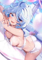 Rule 34 | 1girl, :d, ass, bare shoulders, blue eyes, blue nails, blush, breasts, camisole, commentary, crop top, furina (genshin impact), genshin impact, highres, large breasts, looking at viewer, medium hair, midriff, nail polish, open mouth, short shorts, shorts, smile, solo, spaghetti strap, squchan, thighs, white hair, white shorts