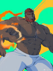 Rule 34 | 1boy, abs, artist request, bara, beard, bulge, dark-skinned male, dark skin, eyebrow cut, facial hair, fire, flaming eye, flaming hand, hephaestus (housamo), highres, huge pectorals, looking at viewer, male focus, mature male, muscular, muscular male, navel, nipples, no nipples, pyrokinesis, red eyes, scar, scar on chest, seductive smile, short hair, smile, solo, stomach, strongman waist, thick eyebrows, thick thighs, thighs, tokyo houkago summoners, topless male, very dark skin