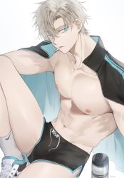 Rule 34 | 1boy, absurdres, artist name, bare legs, bare pectorals, black jacket, black shorts, blue eyes, bottle, bulge, cigarette, collarbone, drawstring, dripping, earrings, expressionless, grey hair, highres, jacket, jacket on shoulders, jewelry, jitome, knee up, looking at viewer, male focus, mouth hold, navel, nipples, open clothes, open jacket, original, parted bangs, pectorals, ribbed legwear, shoes, short hair, short shorts, shorts, signature, simple background, sitting, smoking, sneakers, socks, solo, sweat, timy505, toned, toned male, track jacket, veins, veiny arms, water bottle, white socks