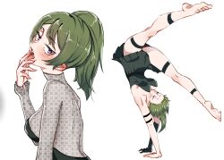 Rule 34 | 1girl, absurdres, alternate costume, babywipes, barefoot, black dress, black leotard, commentary, dress, english commentary, feet, from side, green hair, handstand, highres, jitome, leotard, looking at viewer, multiple views, pleated dress, purple eyes, side ponytail, soles, sousou no frieren, thigh strap, thighs, toes, tongue, tongue out, ubel (sousou no frieren), upper body