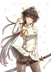 Rule 34 | 1girl, azur lane, black hair, black pantyhose, blush, bow, breasts, brown eyes, buttons, gloves, hair bow, highres, holding, holding sword, holding weapon, kazeno, long hair, long sleeves, looking at viewer, medium breasts, military, military uniform, miniskirt, pantyhose, parted lips, ponytail, skirt, solo, standing, sword, takao (azur lane), uniform, very long hair, weapon, white gloves