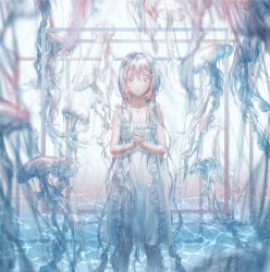 Rule 34 | 1girl, bare shoulders, blue nails, collarbone, dress, frilled dress, frills, grey eyes, highres, hoshi ame, jellyfish, jewelry, long hair, looking at viewer, multicolored nails, nail polish, necklace, original, own hands clasped, own hands together, personification, silver hair, sleeveless, sleeveless dress, solo, standing, wading, water