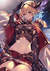 Rule 34 | 1girl, armor, bad anatomy, belt, black gloves, blonde hair, blush, breastplate, breasts, brown eyes, cloak, closed mouth, conqueror of the eternals, cowboy shot, crop top, djeeta (granblue fantasy), djeeta (granblue fantasy) (conqueror of the eternals), elbow gloves, feather hair ornament, gloves, granblue fantasy, hair between eyes, hair ornament, hairband, hand up, highres, homaderi, looking at viewer, medium breasts, midriff, multiple belts, navel, red shorts, salute, short hair, short shorts, shorts, shoulder armor, smile, solo, white cloak