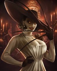 Rule 34 | 1girl, absurdres, alcina dimitrescu, black gloves, breasts, caio santos, candle, candlestand, castle, claws, cleavage, dress, earrings, fingernails, flower, gloves, hand on own hip, hat, highres, jewelry, looking at viewer, makeup, necklace, pearl necklace, resident evil, resident evil village, rose, sharp fingernails, short hair, solo, sun hat, white dress, yellow eyes