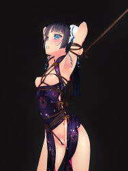 Rule 34 | 1girl, armpits, arms up, bdsm, black background, black hair, blue eyes, blush, bondage, bound, breasts, breasts out, bun cover, china dress, chinese clothes, clenched teeth, cowboy shot, crotch rope, dress, from side, hair bun, highres, murakami suigun, nipples, original, pussy, rope, shibari, short hair, single hair bun, small breasts, solo, standing, sweat, tears, teeth, uncensored