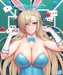 Rule 34 | 1girl, ace (playing card), ace of clubs, ace of diamonds, ace of hearts, ace of spades, animal ears, armpit crease, artist name, asuna (blue archive), asuna (bunny) (blue archive), asymmetrical bangs, blue archive, blue bow, blue bowtie, blue eyes, blue leotard, blue ribbon, bow, bowtie, breasts, club (shape), commentary request, detached collar, diamond (shape), elbow gloves, fake animal ears, from above, gloves, gonster, grin, hair between eyes, hair ribbon, halo, heart, highres, large breasts, leotard, light brown hair, long hair, looking at viewer, lying, on back, on table, parted lips, playboy bunny, playing card, poker chip, poker table, rabbit ears, ribbon, smile, spade (shape), table, white gloves