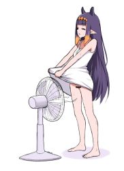 Rule 34 | bad id, bad pixiv id, bar censor, bare arms, bare legs, bare shoulders, barefoot, blunt bangs, bottomless, breasts, censored, closed eyes, clothes lift, commentary, dress, electric fan, fanning crotch, feet, gradient hair, headpiece, highres, hololive, hololive english, lifting own clothes, long hair, multicolored hair, ninomae ina&#039;nis, no panties, orange hair, pointy ears, purple hair, pussy, sidelocks, simple background, sketch, skirt, skirt lift, small breasts, solo, standing, suma (sumairuzu), sundress, sweat, very long hair, virtual youtuber, white background, white dress