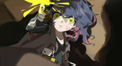 Rule 34 | 1girl, aiming, aiming at viewer, arknights, black gloves, black jacket, black shirt, blood, blood on face, blue hair, blurry, blurry foreground, brown background, closed mouth, commentary request, expressionless, firing at viewer, gloves, green eyes, highres, jacket, jessica (arknights), long hair, long sleeves, looking at viewer, multicolored hair, ponytail, red hair, shinnasuka025, shirt, solo, two-tone hair, upper body