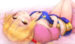 Rule 34 | 1girl, :o, alternate costume, bare shoulders, blonde hair, blue shorts, blush, breasts, cleavage, collarbone, commentary request, crescent print, foreshortening, from behind, hair tubes, hand on own stomach, kantai collection, long hair, looking at viewer, looking back, low twintails, lying, nyahu (nyahu 77), on back, open mouth, pillow, satsuki (kancolle), shorts, sleeveless, small breasts, solo, tank top, tareme, thigh gap, thighs, twintails, yellow eyes