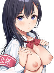 Rule 34 | 1girl, armband, black hair, blue eyes, blush, bow, bowtie, breasts, closed mouth, collarbone, collared shirt, dress shirt, hair between eyes, hair ornament, hairclip, highres, large breasts, long hair, long sleeves, looking at viewer, nipples, open clothes, open shirt, original, pink armband, red bow, red bowtie, school uniform, shirt, simple background, solo, translated, tsukimoto kizuki, white background, white shirt