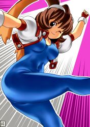 Rule 34 | 1girl, ass, blue unitard, breasts, brown hair, fingerless gloves, foot up, gloves, goggles, goggles on head, happy, highres, hip attack, jacket, leggings, leotard, makihara arina, medium breasts, one eye closed, shoes, short hair, simple background, smile, sneakers, snk, sunsoft, unitard, waku waku 7, white jacket, wink