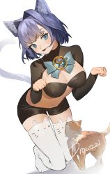 Rule 34 | 1girl, :d, alternate costume, animal ear fluff, animal ear legwear, animal ears, artist name, bike shorts, blue eyes, blue hair, blush, bow, bowtie, breasts, cat, cat ear legwear, cat ears, cat tail, cleavage, drowzzi, dutch angle, eyebrows hidden by hair, head tilt, highres, hololive, hololive english, kemonomimi mode, kneeling, large breasts, long sleeves, looking at viewer, navel, open mouth, ouro kronii, paw pose, photoshop (medium), short hair, simple background, smile, tail, thighhighs, virtual youtuber, white background, white thighhighs