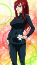 Rule 34 | 1girl, absurdres, breasts, brown eyes, erza scarlet, fairy tail, female focus, flower, gradient background, highres, large breasts, latex, latex suit, long hair, ponytail, red hair, screencap, solo, standing, stitched, third-party edit