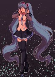 Rule 34 | 1girl, absurdly long hair, absurdres, bad id, bad pixiv id, black skirt, blue eyes, blue hair, blue neckwear, boots, breasts, crossed legs, detached sleeves, full body, hatsune miku, hatsune miku (nt), headphones, highres, huge filesize, linmiee, long hair, looking to the side, necktie, parted lips, purple background, see-through, shirt, skirt, sleeveless, sleeveless shirt, small breasts, smile, thigh boots, thighhighs, twintails, very long hair, vocaloid, watson cross, white shirt, zettai ryouiki