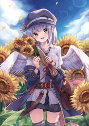 Rule 34 | 1girl, :d, absurdres, angel wings, bag, belt, belt buckle, black coat, black headwear, black shorts, black thighhighs, blue sky, blunt bangs, blush, bouquet, buckle, cloud, coat, collared shirt, cowboy shot, day, feathered wings, flower, green eyes, hat ornament, head tilt, highres, holding, holding bouquet, kure~pu, lens flare, long sleeves, looking at viewer, off shoulder, open clothes, open coat, open mouth, original, outdoors, red ribbon, ribbon, satchel, shirt, short hair, short shorts, shorts, silver hair, sky, smile, solo, sunflower, sunflower petals, thighhighs, watch, white shirt, white wings, wings, wristwatch, yellow flower
