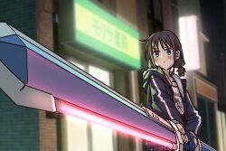 Rule 34 | 1girl, :/, blue eyes, blue jacket, blurry, blurry background, blush, brown hair, closed mouth, energy sword, foreshortening, fur-trimmed jacket, fur trim, gibberish commentary, girls band cry, gundam, gundam seed, gundam seed destiny, highres, holding, holding sword, holding weapon, hood, hooded jacket, iseri nina, jacket, long sleeves, low twintails, myjet, night, open clothes, open jacket, outdoors, shirt, short hair, short twintails, solo, sunrise stance, sword, twintails, upper body, weapon, white shirt