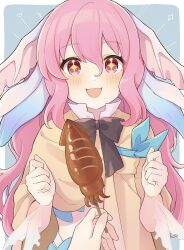 Rule 34 | + +, 1girl, :3, :d, black bow, blush, bow, fins, food, hair between eyes, hayamaro65, head fins, highres, holding, holding food, ikayaki, long hair, long sleeves, looking at viewer, open mouth, persia (rune factory), pink eyes, pink hair, pov, pov hands, rune factory, rune factory 3, shawl, smile, solo, sparkling eyes, upper body