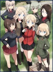 Rule 34 | 10s, 6+girls, anchovy (girls und panzer), ankle boots, anzio military uniform, arm behind back, belt, black belt, black footwear, black gloves, black hair, black hat, black jacket, black neckwear, black ribbon, black shirt, black skirt, black vest, blonde hair, blu-ray cover, blue border, blue eyes, blue shorts, boots, border, box, braid, brown eyes, brown hair, brown jacket, closed mouth, cover, cross-laced footwear, darjeeling (girls und panzer), day, denim, denim shorts, dress shirt, drill hair, emblem, epaulettes, frown, garrison cap, girls und panzer, gloves, grass, green hair, green jacket, green jumpsuit, grey jacket, grey pants, hair intakes, hair ribbon, hand on another&#039;s shoulder, hand on own chest, hand on own hip, hands on own hips, hat, highres, holding, holding riding crop, itsumi erika, jacket, jumpsuit, katyusha (girls und panzer), kay (girls und panzer), kuromorimine military uniform, legs, long hair, long sleeves, looking at another, looking at viewer, military, military hat, military uniform, miniskirt, multiple girls, necktie, nishizumi maho, nonna (girls und panzer), official art, open clothes, open jacket, open mouth, outdoors, over shoulder, pants, pleated skirt, pravda military uniform, red eyes, red jacket, red shirt, red skirt, ribbon, riding crop, sam browne belt, saunders military uniform, shadow, shimada fumikane, shirt, short hair, short jumpsuit, short shorts, shorts, silver hair, skirt, smile, smirk, st. gloriana&#039;s military uniform, standing, star (symbol), sweatdrop, swept bangs, thighhighs, turtleneck, twin braids, twin drills, twintails, uniform, v-shaped eyebrows, vest, white legwear, wing collar, zipper, zipper footwear