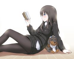 Rule 34 | 1girl, arm support, backlighting, black hair, black pantyhose, blue eyes, book, dachshund, dog, elizabeth f. beurling, gloves, goggles, goggles on head, jacket, kaneko (novram58), lying, on stomach, pantyhose, scarf, sitting, solo, strike witches, strike witches: suomus misfits squadron, unworn gloves, world witches series