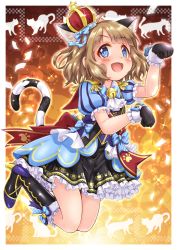 Rule 34 | 1girl, :d, animal ear fluff, animal ears, ascot, bell, black dress, black footwear, black gloves, blue bow, blue eyes, blush, boots, bow, brown hair, cat ears, cat girl, cat tail, commentary request, crown, diagonal stripes, dress, frilled dress, frilled sleeves, frills, full body, fur-trimmed boots, fur-trimmed gloves, fur trim, gloves, hands up, highres, idolmaster, idolmaster million live!, idolmaster million live! theater days, jingle bell, knee boots, mini crown, open mouth, paw pose, pleated dress, puffy short sleeves, puffy sleeves, regular mow, short sleeves, smile, solo, striped, striped bow, striped tail, suou momoko, tail, tail raised, tilted headwear, white ascot