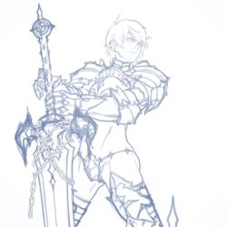 Rule 34 | 1boy, ahoge, armor, armored boots, bikini armor, boots, chain, closed mouth, crotch plate, dizdoodz, gauntlets, groin, highres, looking afar, male focus, original, pauldrons, planted sword, planted, serious, shoulder armor, simple background, sketch, solo, sword, toned, toned male, weapon, white background