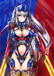 Rule 34 | 1girl, blue eyes, breasts, cleavage, clenched hand, clothing cutout, floating hair, genderswap, genderswap (mtf), grey hair, highleg, highres, i.takashi, long hair, looking at viewer, mecha musume, midriff, optimus prime, personification, solo, stomach cutout, thigh gap, transformers, transformers (live action), wrist blades