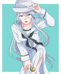 Rule 34 | 10s, 1girl, \n/, alpachiiino, blouse, blue eyes, blue neckerchief, commentary, dixie cup hat, double n/, flint (girls und panzer), fox shadow puppet, girls und panzer, green background, hat, holding, holding microphone, leaning forward, long hair, long skirt, long sleeves, looking at viewer, m/, microphone, military hat, neckerchief, ooarai naval school uniform, open mouth, outside border, pleated skirt, sailor, sailor collar, school uniform, shirt, side slit, silver hair, skirt, solo, standing, white hat, white shirt, white skirt