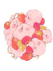 Rule 34 | :o, :t, blue eyes, blush, blush stickers, closed eyes, closed mouth, commentary, flower, food, fruit, highres, kirby, kirby (series), leaf, looking at viewer, looking away, nintendo, no (x xasm), no humans, one eye closed, open mouth, plant, simple background, sleeping, strawberry, strawberry blossoms, strawberry plant, symbol-only commentary, white background, white flower