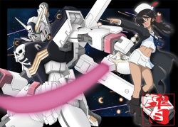 Rule 34 | 1girl, artist logo, ayakaze satsuki, beam saber, black border, black coat, black eyes, black footwear, black hair, blouse, blue neckerchief, boots, border, bow, coat, commentary request, crossbone gundam x-1, crossover, dark-skinned female, dark skin, dixie cup hat, energy sword, eyes visible through hair, girls und panzer, gundam, hair bow, hair over one eye, hat, hat feather, knee boots, long coat, long hair, long sleeves, mecha, midriff, military hat, miniskirt, navel, neckerchief, ogin (girls und panzer), ooarai naval school uniform, open clothes, open coat, open mouth, partial commentary, pirate, pleated skirt, pointing, ponytail, red bow, robot, sailor, sailor collar, school uniform, shirt, skirt, skull and crossbones, smile, solo, space, standing, standing on one leg, sword, weapon, white hat, white shirt, white skirt
