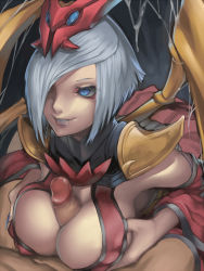 Rule 34 | 1girl, blood moon elise, blue eyes, breasts squeezed together, breasts, censored, elise (league of legends), fang, hair ornament, hair over one eye, hetero, highres, arthropod girl, kumiko shiba, large breasts, league of legends, mosaic censoring, nose, paizuri, penis, silver hair, slit pupils, spider girl