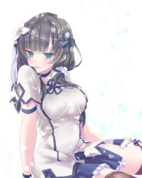 Rule 34 | 1girl, arm at side, arm cutout, arm strap, assault lily, black choker, black hair, black skirt, blunt bangs, blush, breasts, brown thighhighs, choker, clothing cutout, commentary request, cowboy shot, falling petals, flower, flower knot, frilled skirt, frills, from side, green eyes, hair flower, hair ornament, hair over shoulder, hair scrunchie, hand on own thigh, highres, large breasts, long hair, looking away, looking to the side, miniskirt, naridon, parted lips, petals, pleated skirt, scrunchie, shirt, short sleeves, side slit, sitting, skirt, solo, tassel, tassel hair ornament, teeth, thighhighs, upper teeth only, wang yujia, white background, white flower, white scrunchie, white shirt, wristband